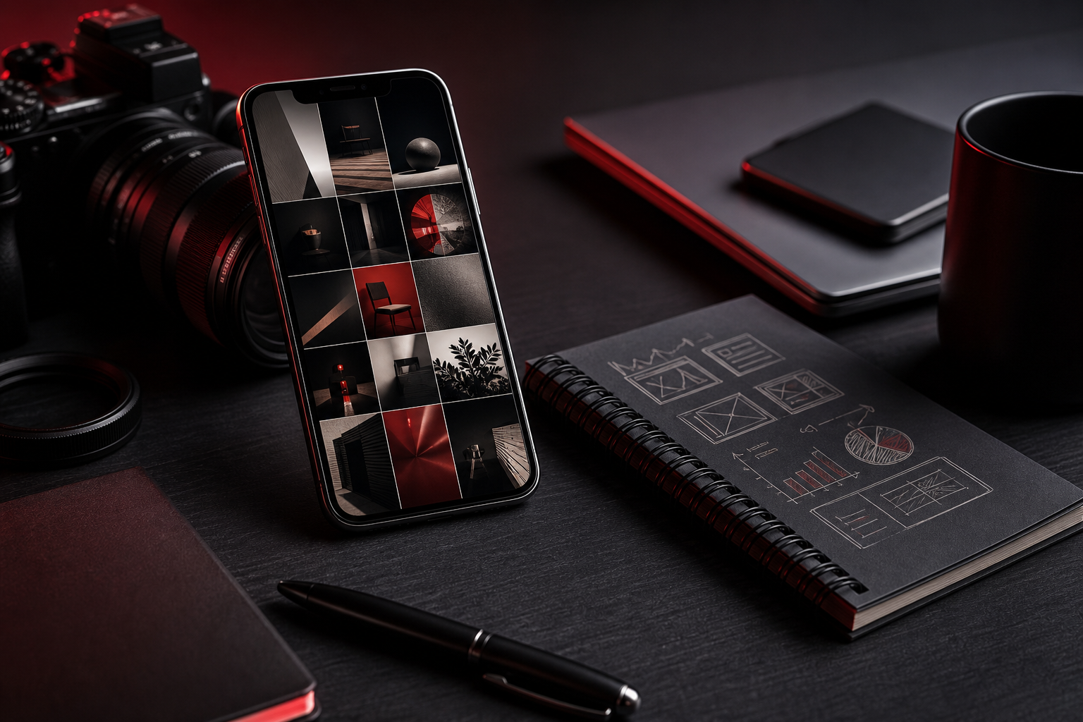 Creator workspace with a smartphone and content planning tools